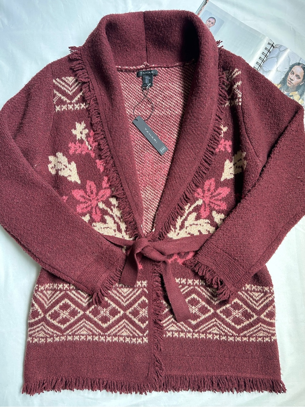Tahari Burgundy Floral & Fair Isle Shawl Collar Cardigan